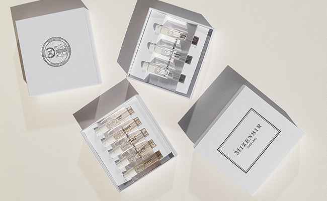 Deux coffrets découverte de parfums Mizensir dans les formats 3x2ml et 5x2ml